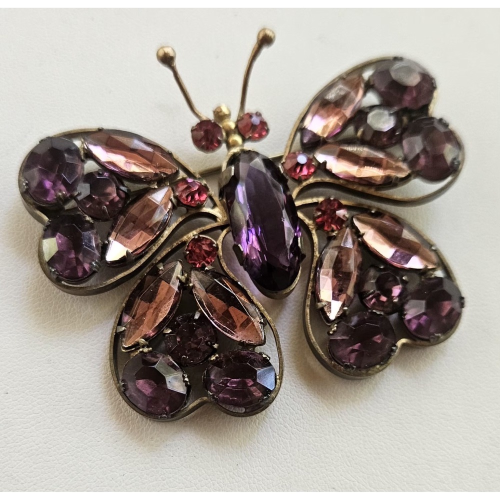 Shades Of Purple Amethyst Rhinestone Butterfly Brooch Foiled Back